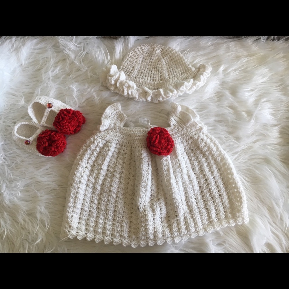 White and red Crochet baby girl frock set